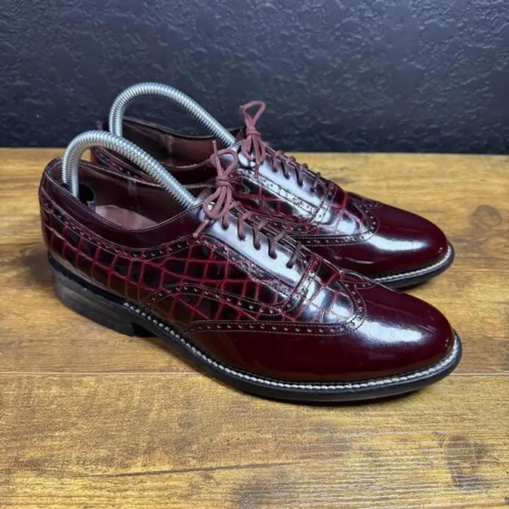 Stacy Baldwin 963 Burgundy Crocodile Embossed Leather Wingtip Oxfords 7.5 EE